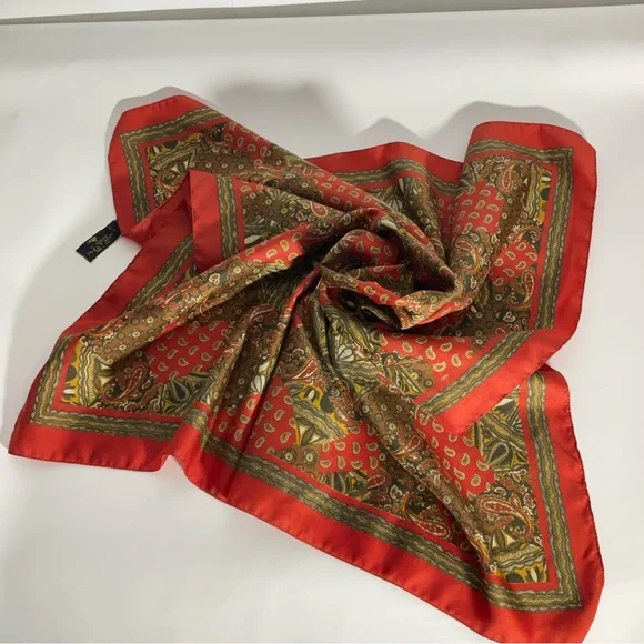 Art of the Scarf Made in Italy 80”x80” Orange Brown Pattern Design Scarf; Pretty - Picture 6 of 11